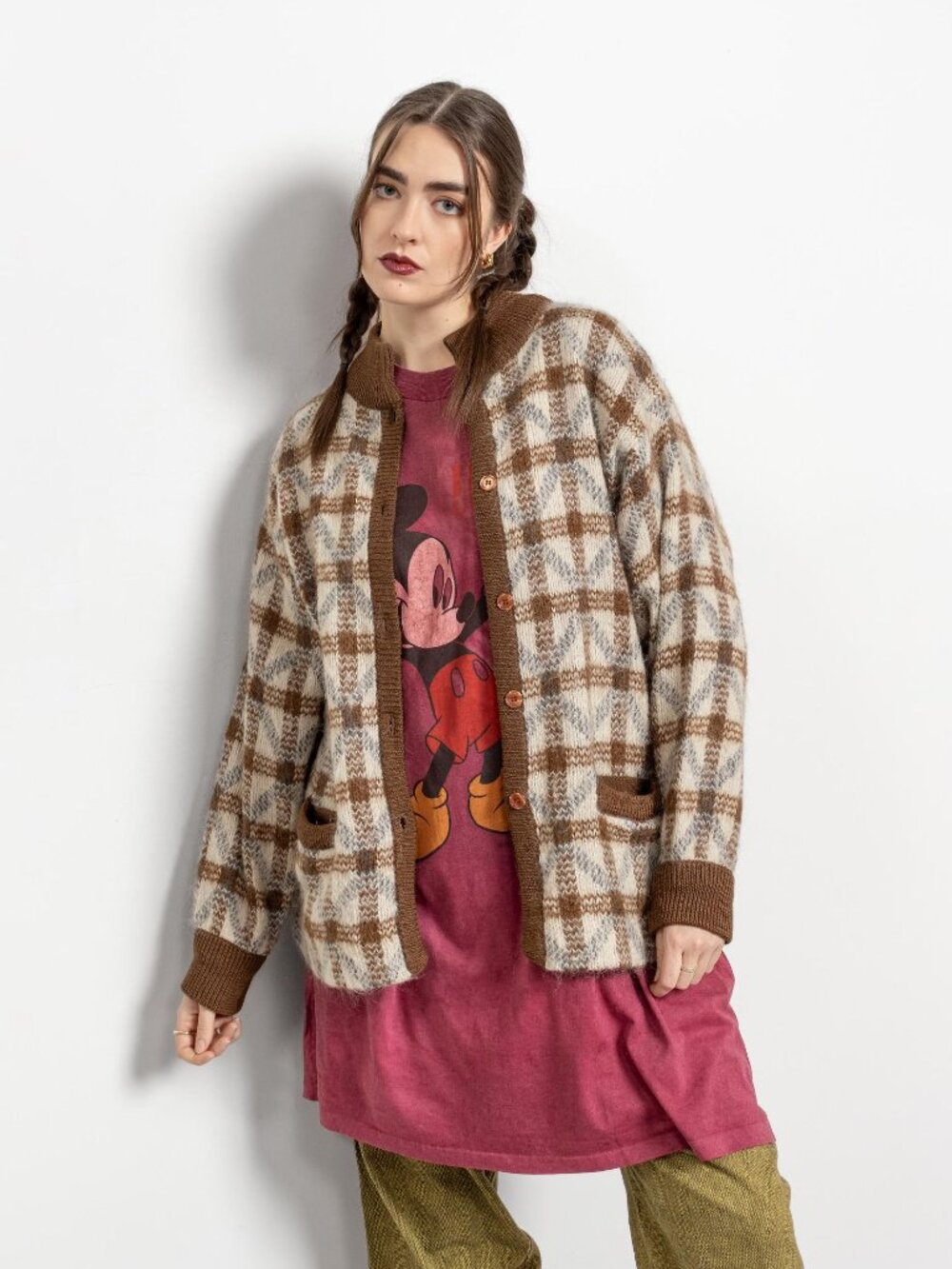 CHECKERED Fuzzy Cardigan Vintage Baggy Brown / Medium